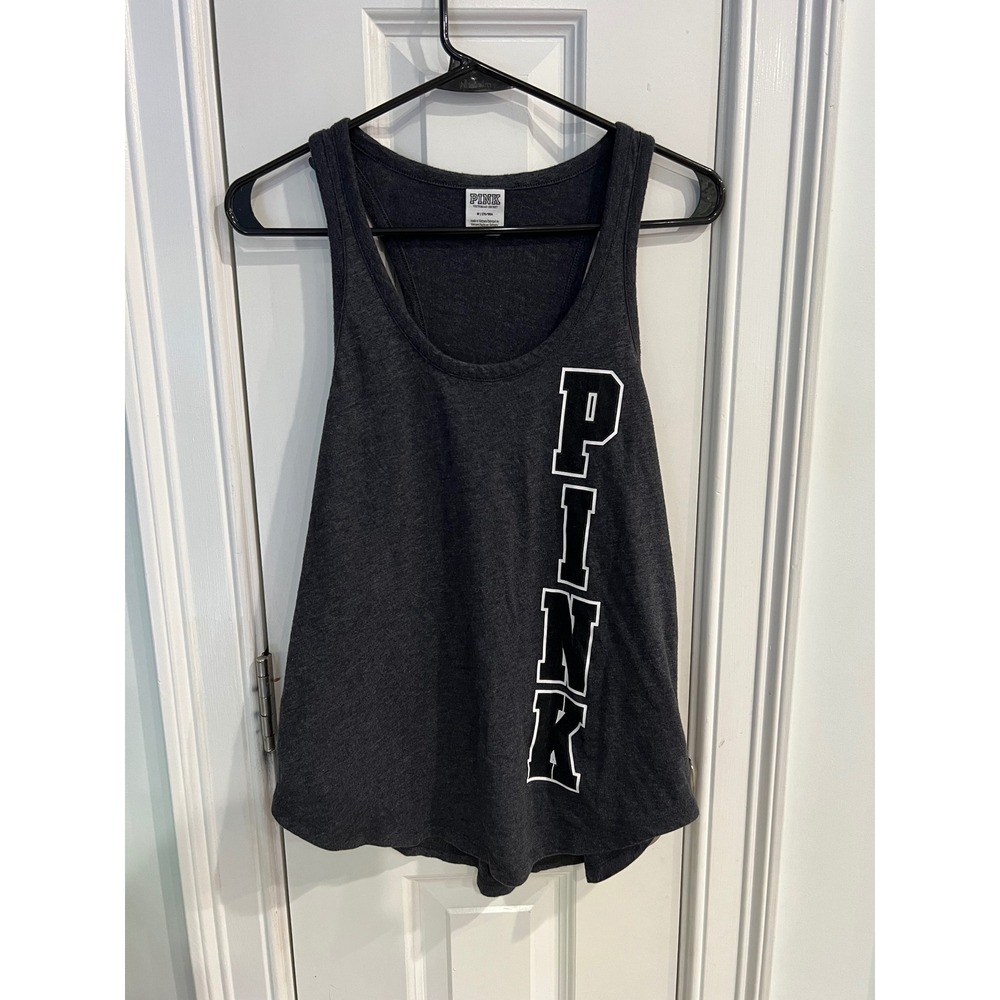 Victorias Secret PINK Racerback Tank Top Charcoal Gray Logo Graphic Medium